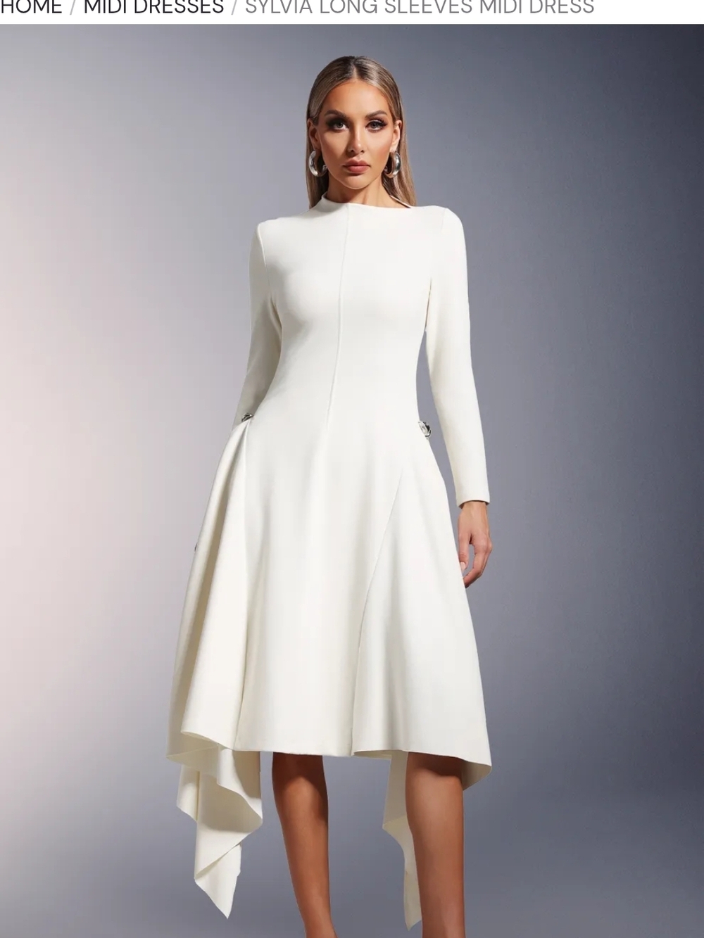Long Sleeve White Asymmetrical Midi Dress